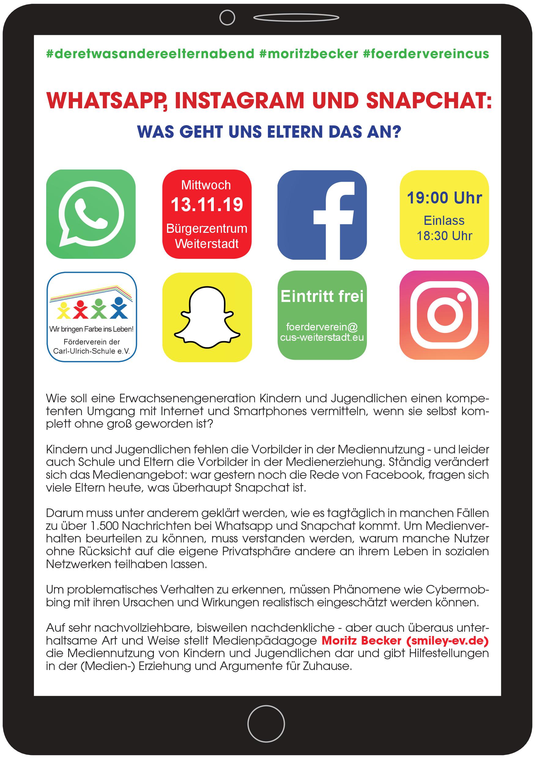 Empfehlung: Unterhaltsamer Infoabend "Smartphone & Kind" am 13.11.19 an der Carl-Ulrich-Schule +++ Referent Moritz Becker überzeugte schon im Oktober 2018 in Gräfenhausen +++ sehr kurzweilig!