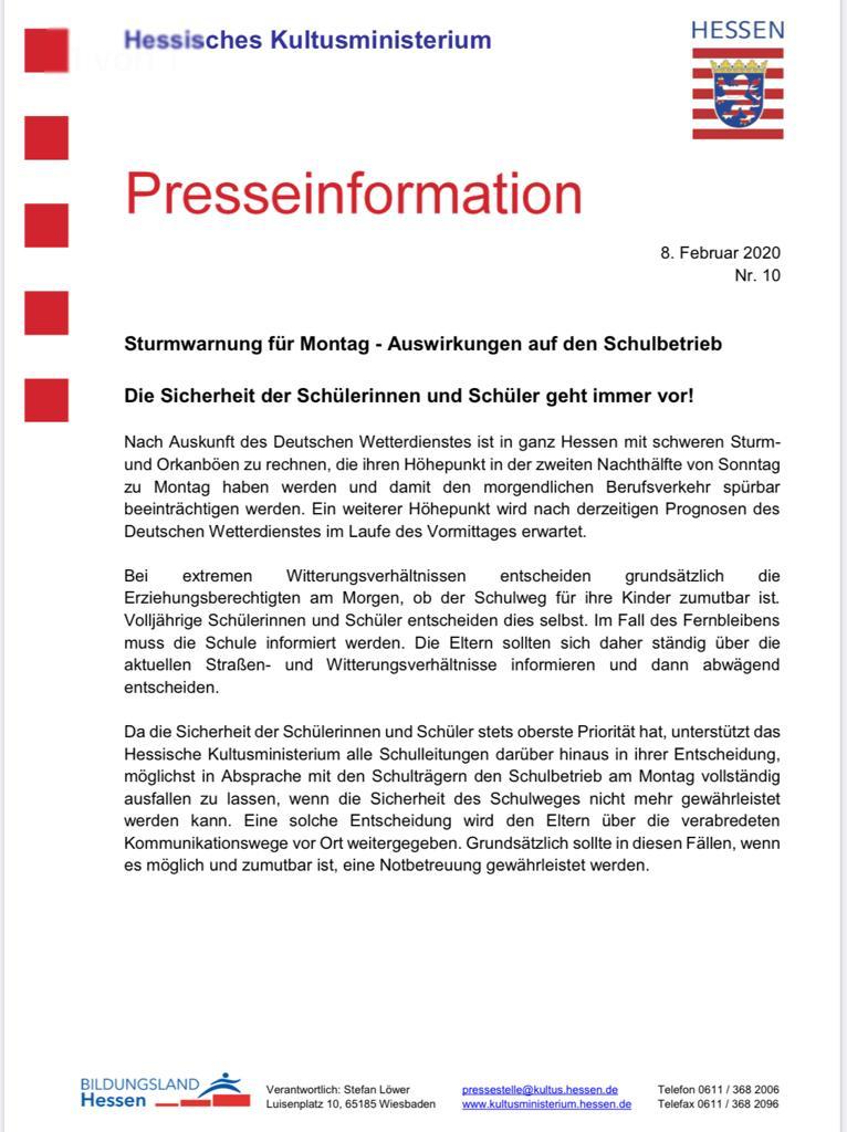 Liebe Eltern,  bitte beachten Sie folgende Sturmwarnung des Hessischen Kultusministeriums für Montag, den 10.02.2020.